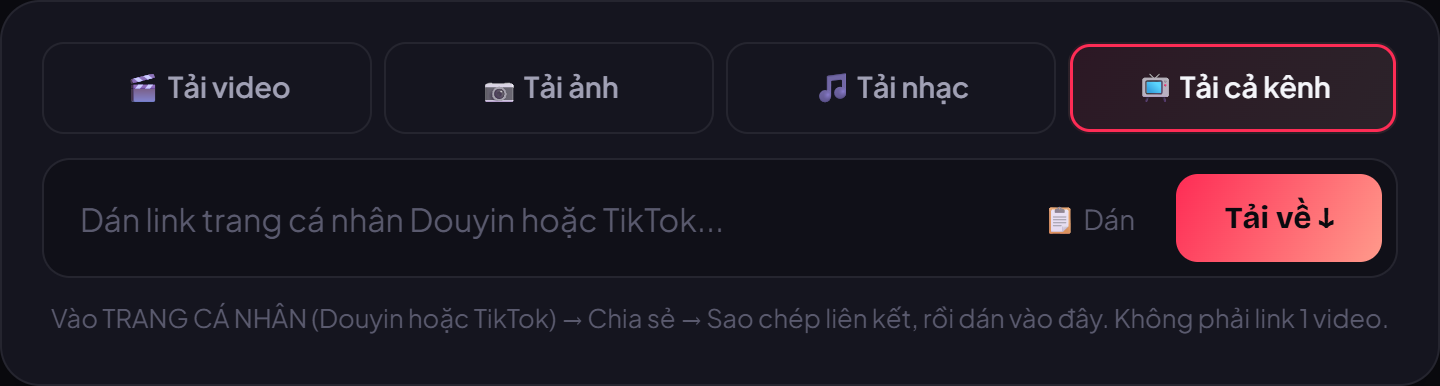 Dán link vào ô trên trang VidBake rồi bấm Tải về — không cần đăng nhập.