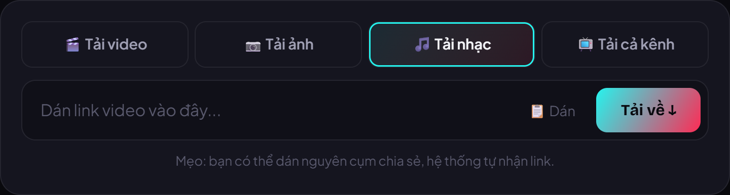 Dán link vào ô trên trang VidBake rồi bấm Tải về — không cần đăng nhập.