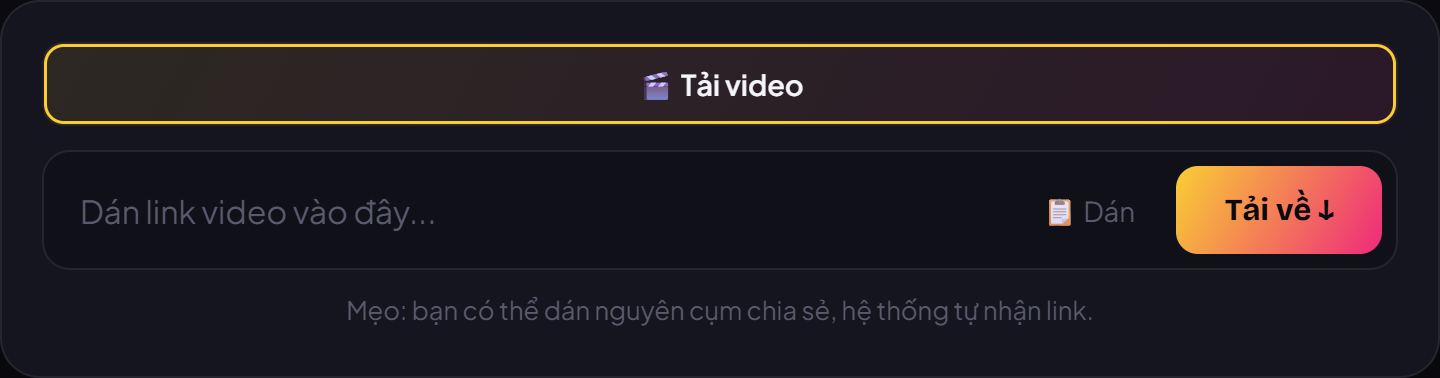 Dán link vào ô trên trang VidBake rồi bấm Tải về — không cần đăng nhập.