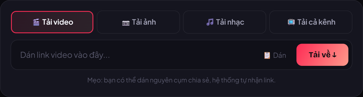 Dán link vào ô trên trang VidBake rồi bấm Tải về — không cần đăng nhập.