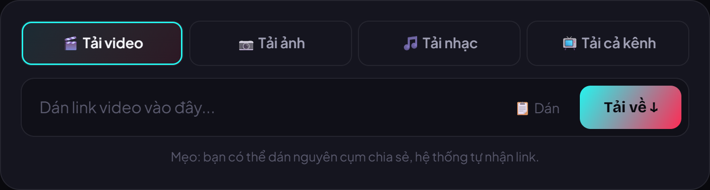 Dán link vào ô trên trang VidBake rồi bấm Tải về — không cần đăng nhập.