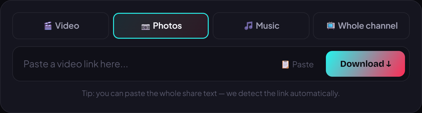 Paste the TikTok photo-post link, press Download, then save the whole set of original photos.