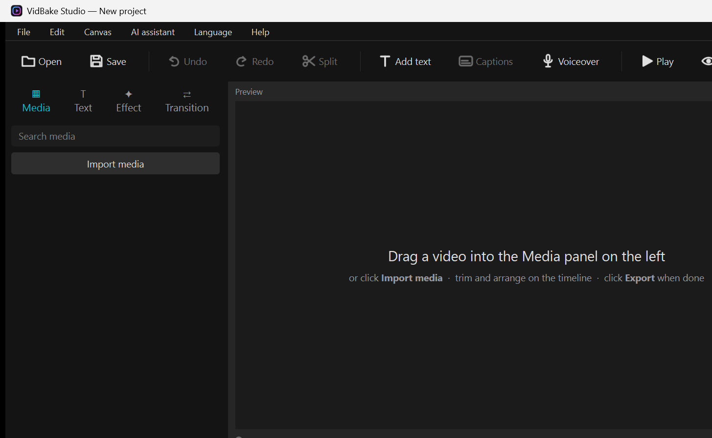 The VidBake Studio interface: toolbar on top, Media panel on the left, Preview in the center and the timeline below.