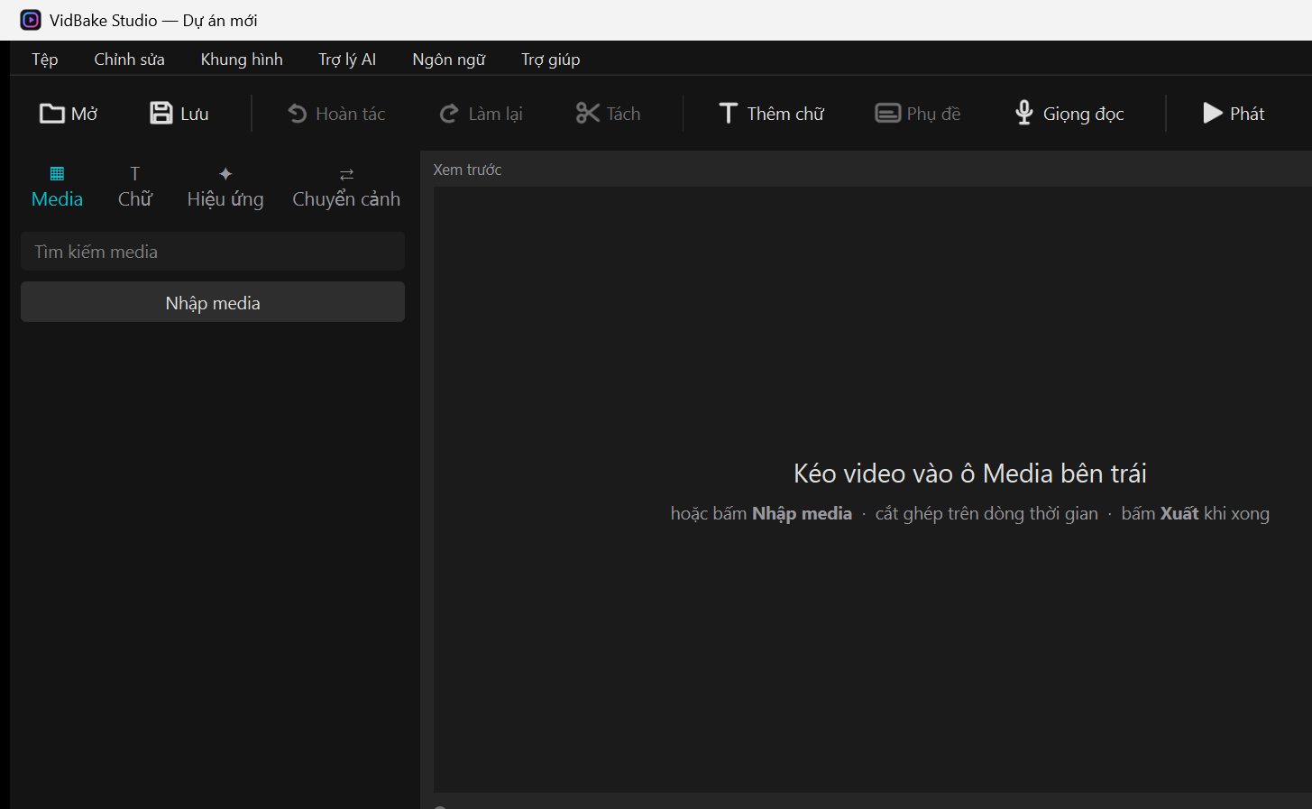 Giao diện VidBake Studio: thanh công cụ ở trên, kho Media bên trái, khung Xem trước ở giữa và dòng thời gian bên dưới.